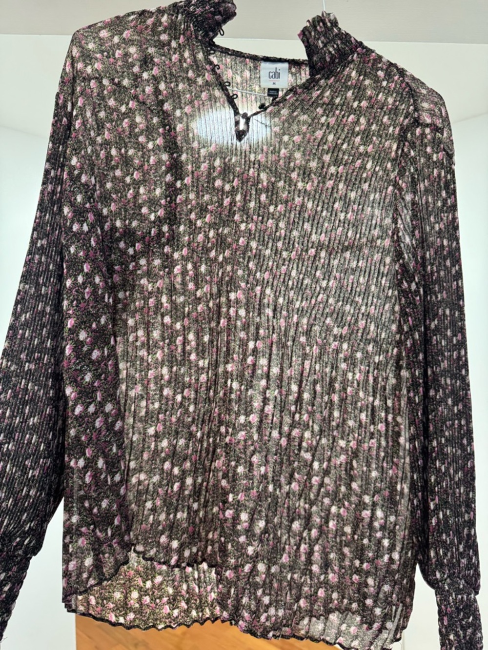 CAbi Black Floral Pleated Long-Sleeve Blouse with Pink Accents